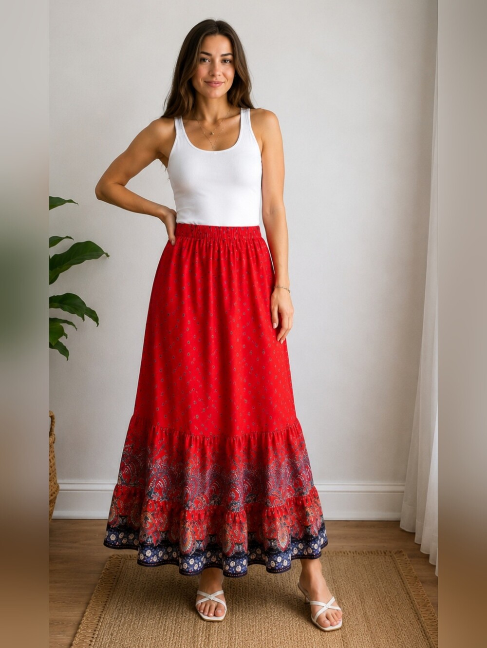 NWT Cream Boho Maxi Skirt Red Paisley Print Size L